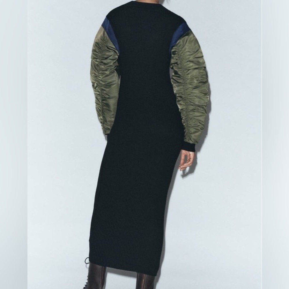ZARA WOMAN CONTRAST NYLON MIDI DRESS BLACK /GREEN SIZE S